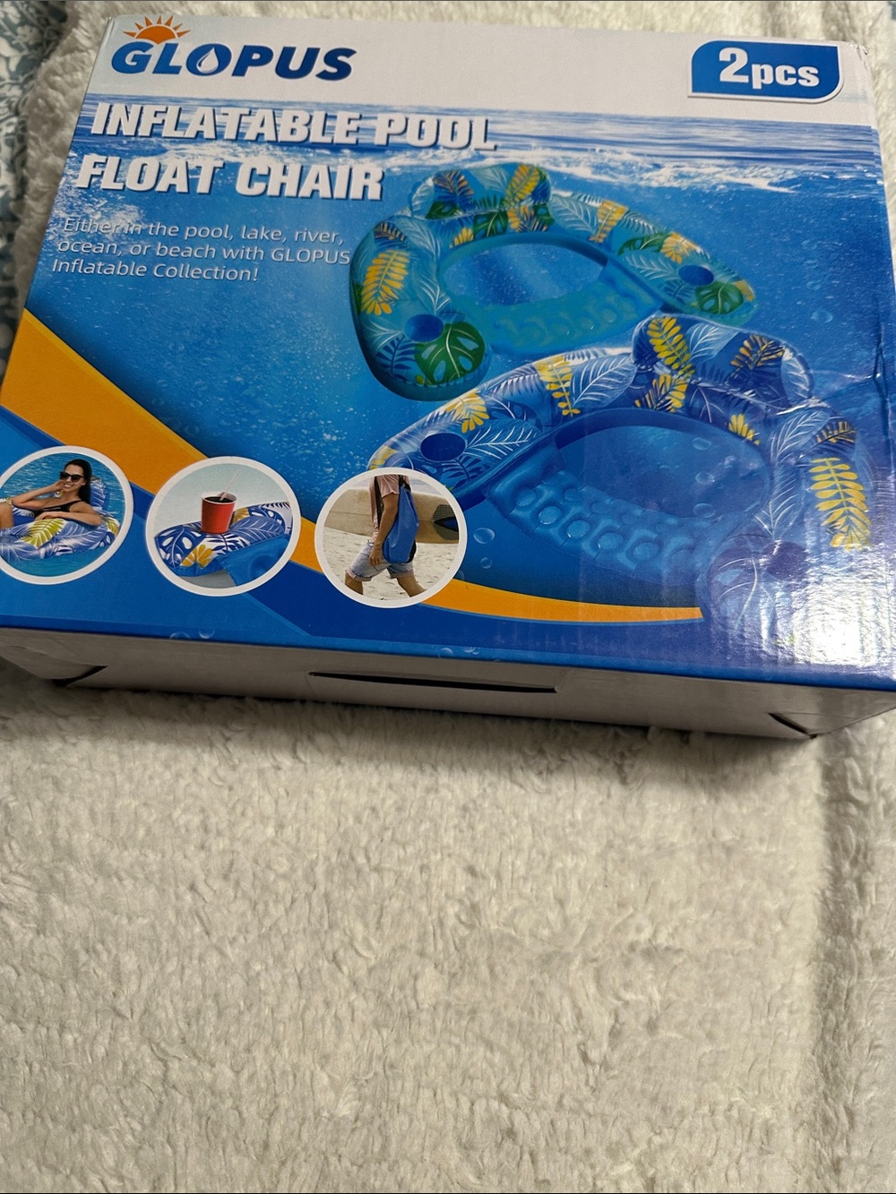 GLOPUS Inflatable Pool Float Chair - Blue Tropical Leaf Print